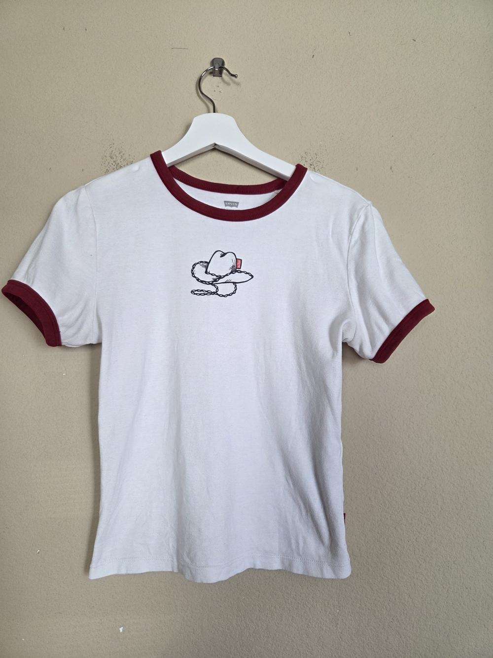Levi's White Ringer Tee with Maroon Trim and Cowboy Hat Graphic
